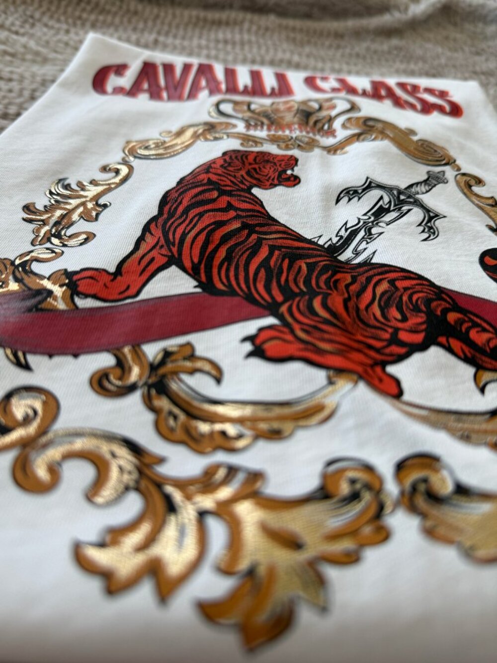 Cavalli Class Tiger Crest Motif Print Crew Neck T-Shirt